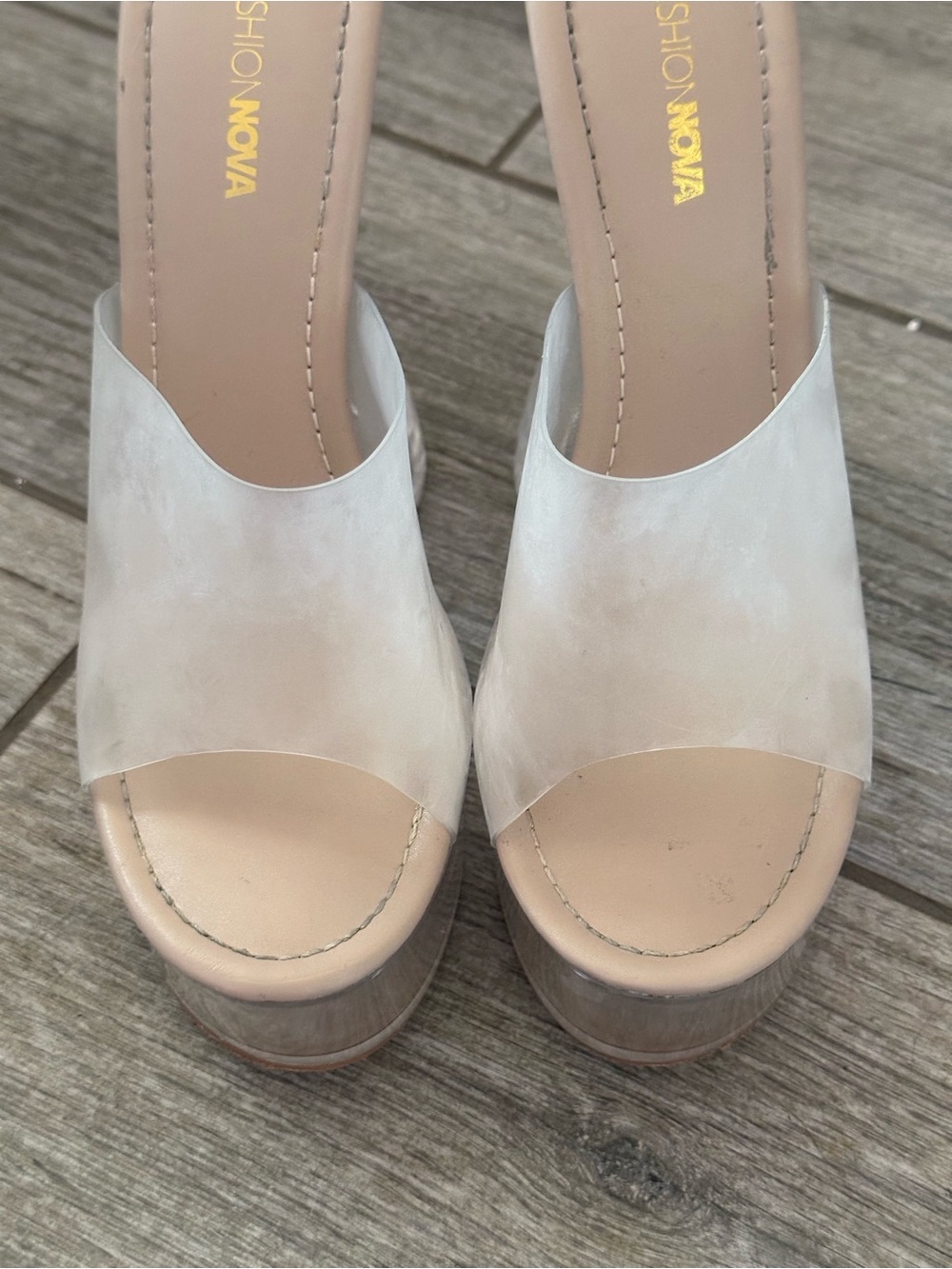 Fashion Nova "Keah" Nude Clear Lucite Chunky Platform Wedge Mules - US 8